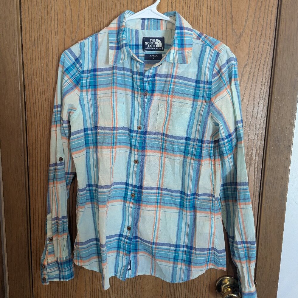 The North‎ Face Button Down Plaid Shirt Blue Teal Orange-Women's S